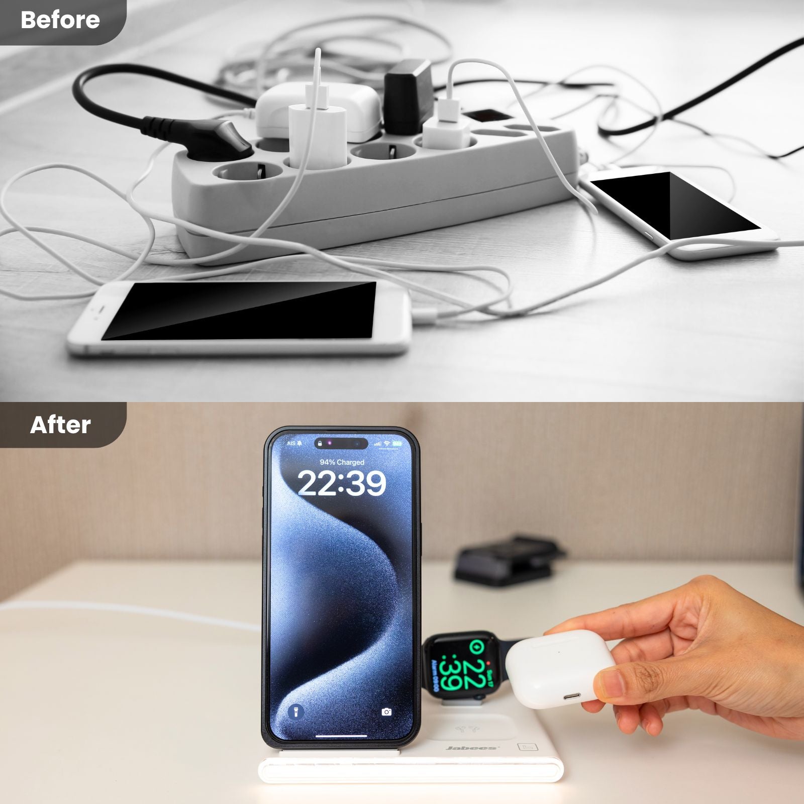 PowerGlow - Jabees PowerGlow 4-In-1 Foldable Wireless Charging Station with LED Night Light